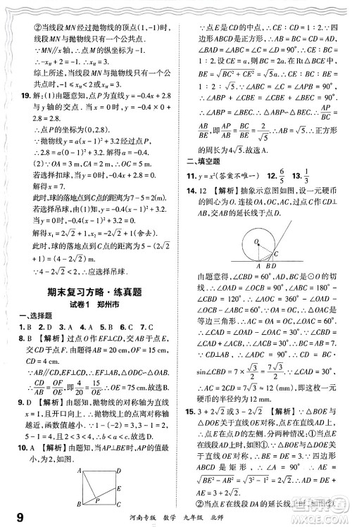 江西人民出版社2025年秋王朝霞各地期末试卷精选九年级数学全一册北师大版河南专版答案