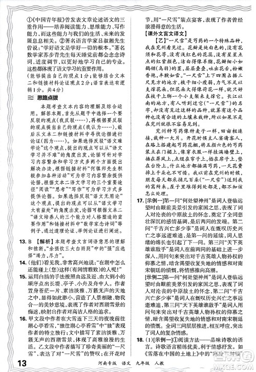 江西人民出版社2025年秋王朝霞各地期末试卷精选九年级语文全一册人教版河南专版答案