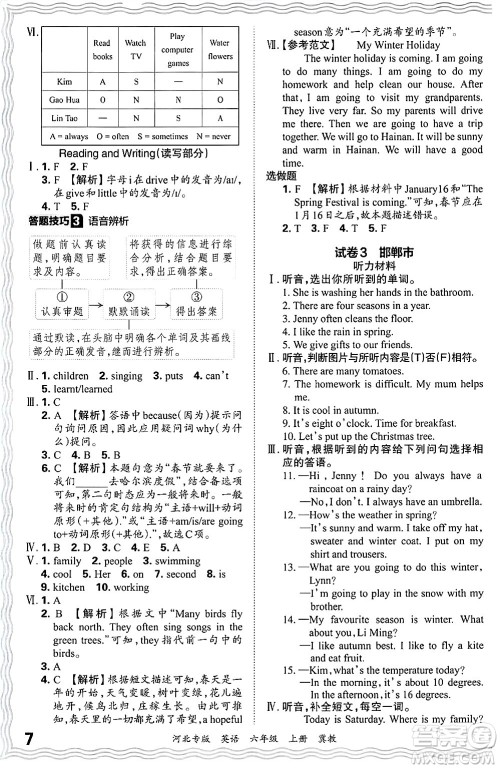 江西人民出版社2024年秋王朝霞各地期末试卷精选六年级英语上册冀教版河北专版答案