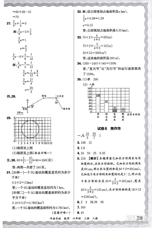 江西人民出版社2024年秋王朝霞各地期末试卷精选六年级数学上册人教版河南专版答案