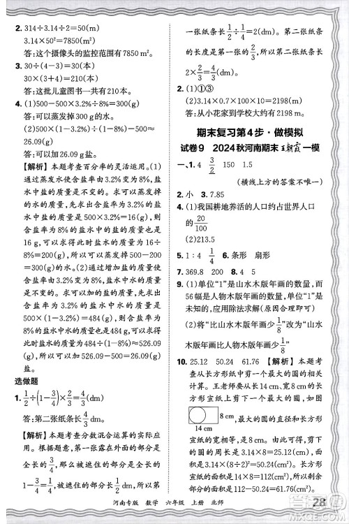 江西人民出版社2024年秋王朝霞各地期末试卷精选六年级数学上册北师大版河南专版答案