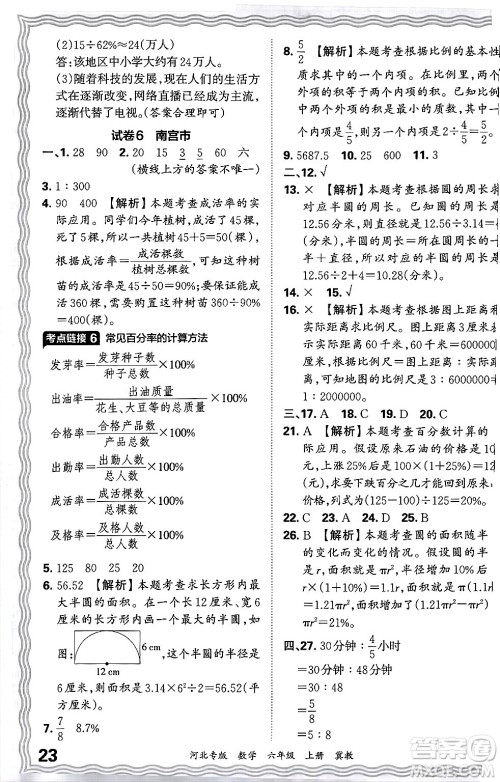 江西人民出版社2024年秋王朝霞各地期末试卷精选六年级数学上册冀教版河北专版答案