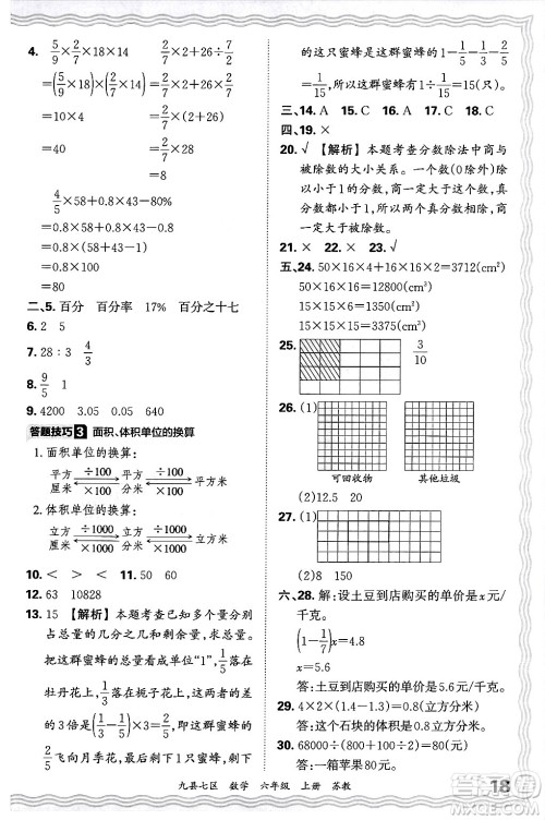 江西人民出版社2024年秋王朝霞各地期末试卷精选六年级数学上册苏教版洛阳专版答案