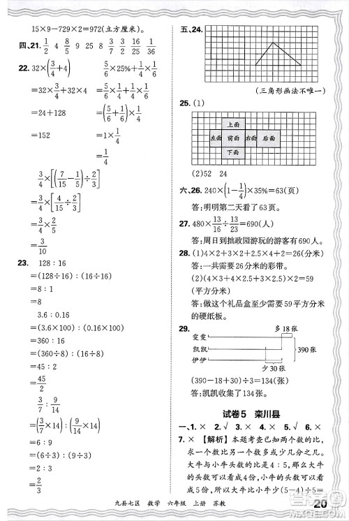 江西人民出版社2024年秋王朝霞各地期末试卷精选六年级数学上册苏教版洛阳专版答案