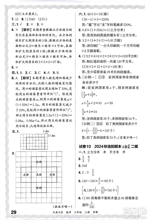 江西人民出版社2024年秋王朝霞各地期末试卷精选六年级数学上册苏教版洛阳专版答案