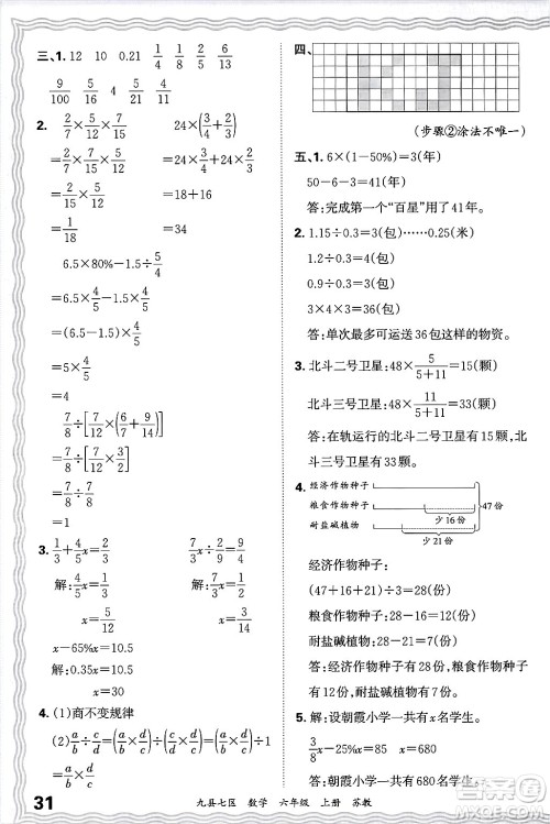 江西人民出版社2024年秋王朝霞各地期末试卷精选六年级数学上册苏教版洛阳专版答案