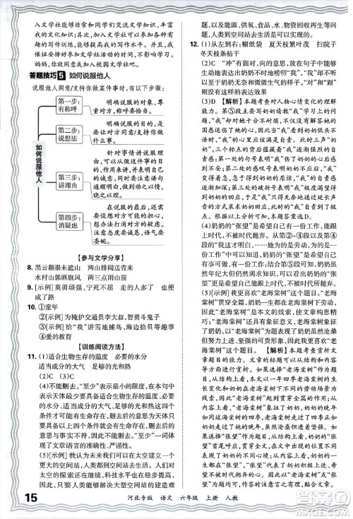 江西人民出版社2024年秋王朝霞各地期末试卷精选六年级语文上册人教版河北专版答案