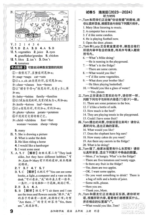 江西人民出版社2024年秋王朝霞各地期末试卷精选五年级英语上册科普版洛阳专版答案