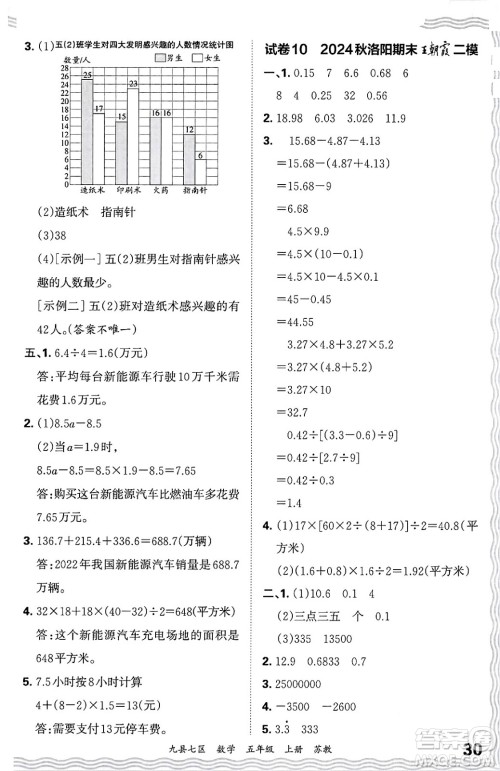江西人民出版社2024年秋王朝霞各地期末试卷精选五年级数学上册苏教版洛阳专版答案