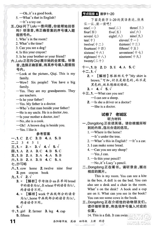 江西人民出版社2024年秋王朝霞各地期末试卷精选四年级英语上册科普版洛阳专版答案