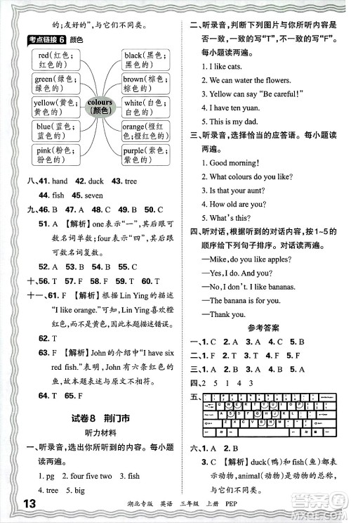 江西人民出版社2024年秋王朝霞各地期末试卷精选三年级英语上册人教PEP版湖北专版答案