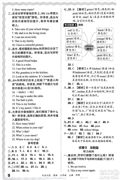 江西人民出版社2024年秋王朝霞各地期末试卷精选三年级英语上册外研版洛阳专版答案