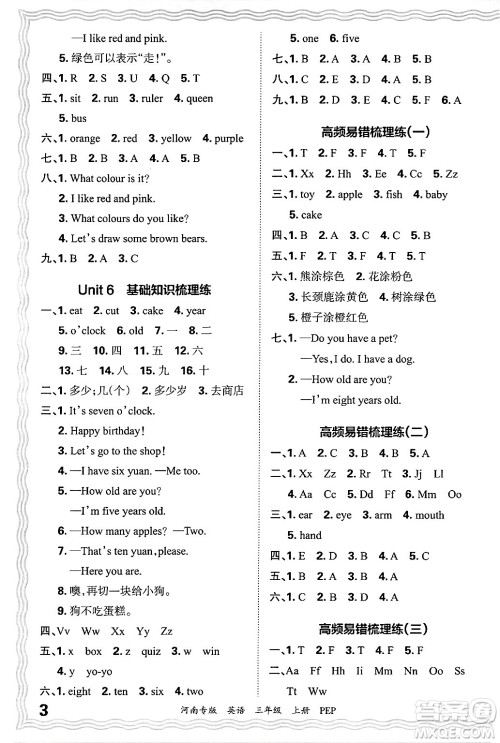 江西人民出版社2024年秋王朝霞各地期末试卷精选三年级英语上册人教PEP版河南专版答案