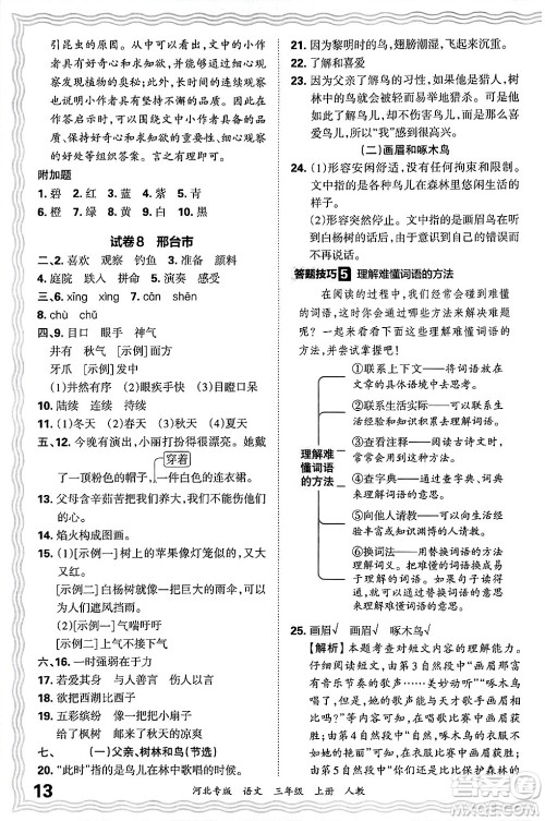 江西人民出版社2024年秋王朝霞各地期末试卷精选三年级语文上册人教版河北专版答案