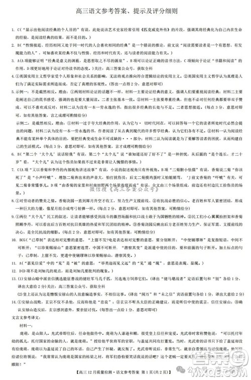 2024年12月23-24九师联盟高三联考G语文试卷答案