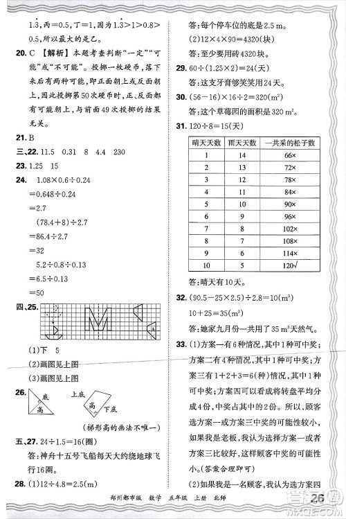 江西人民出版社2024年秋王朝霞期末真题精编五年级数学上册北师大版郑州都市版答案