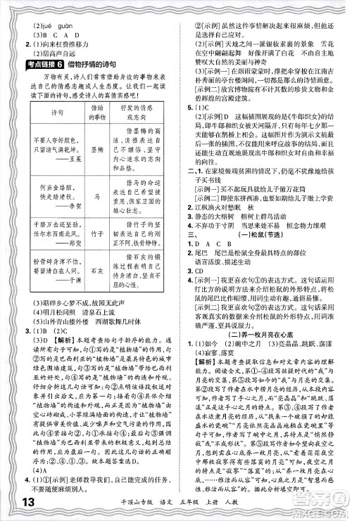 江西人民出版社2024年秋王朝霞期末真题精编五年级语文上册人教版平顶山专版答案