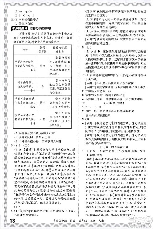 江西人民出版社2024年秋王朝霞期末真题精编五年级语文上册人教版平顶山专版答案