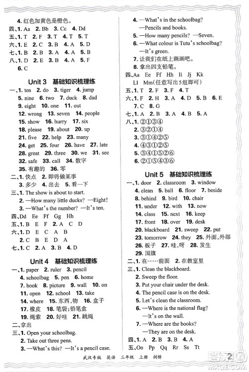 江西人民出版社2024年秋王朝霞期末真题精编三年级英语上册剑桥版大武汉专版答案