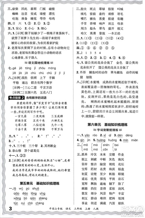 江西人民出版社2024年秋王朝霞期末真题精编三年级语文上册人教版平顶山专版答案