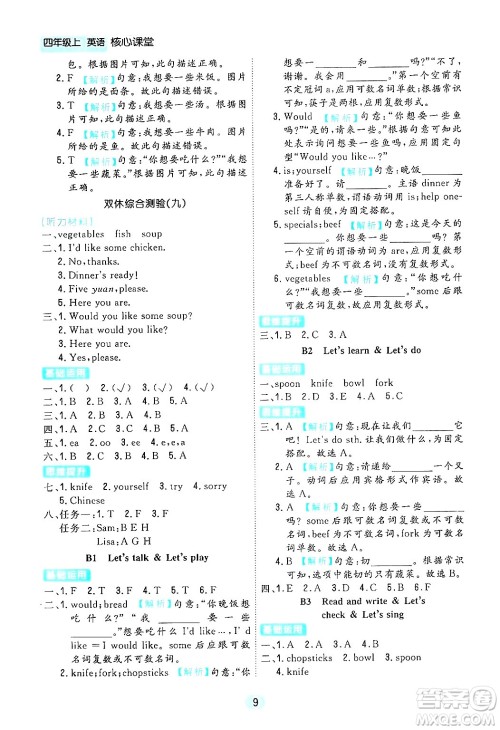 天津人民出版社2024年秋核心360核心课堂四年级英语上册通用版答案