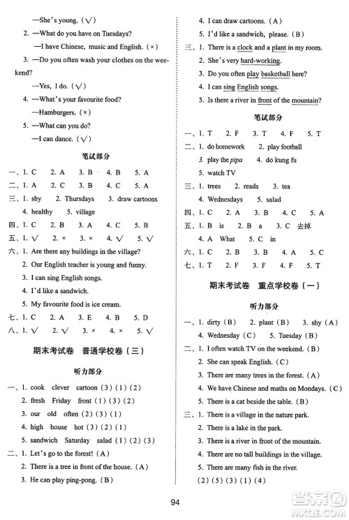 长春出版社2024年秋68所期末冲刺100分完全试卷五年级英语上册人教PEP版三起点答案