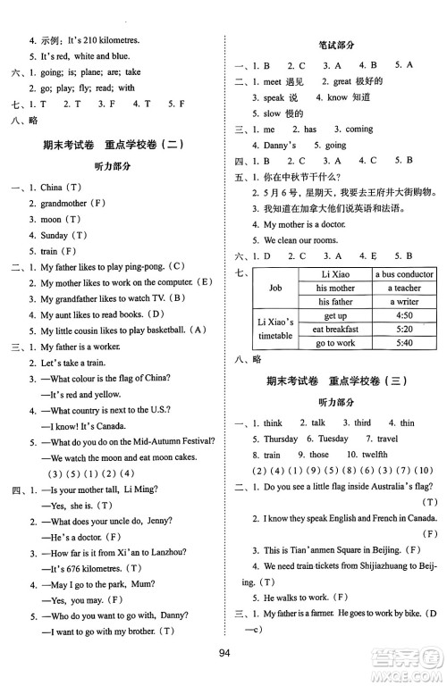 长春出版社2024年秋68所期末冲刺100分完全试卷五年级英语上册冀教版答案