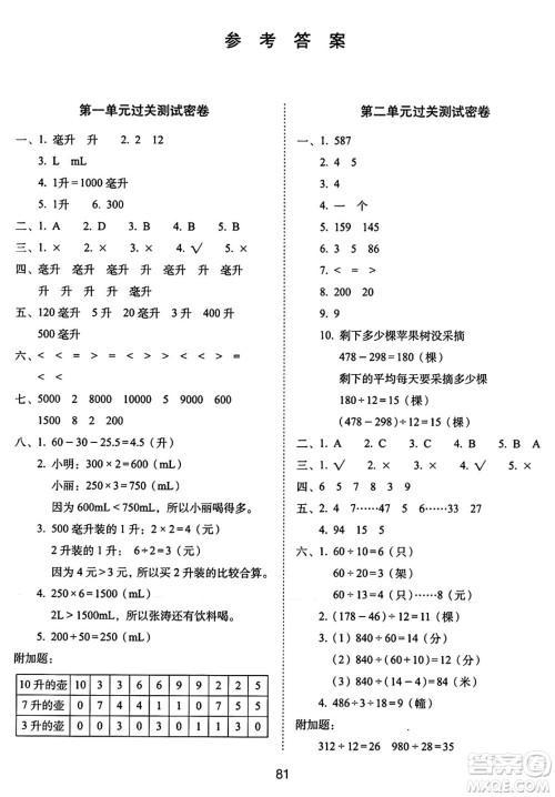 长春出版社2024年秋68所期末冲刺100分完全试卷四年级数学上册苏教版答案