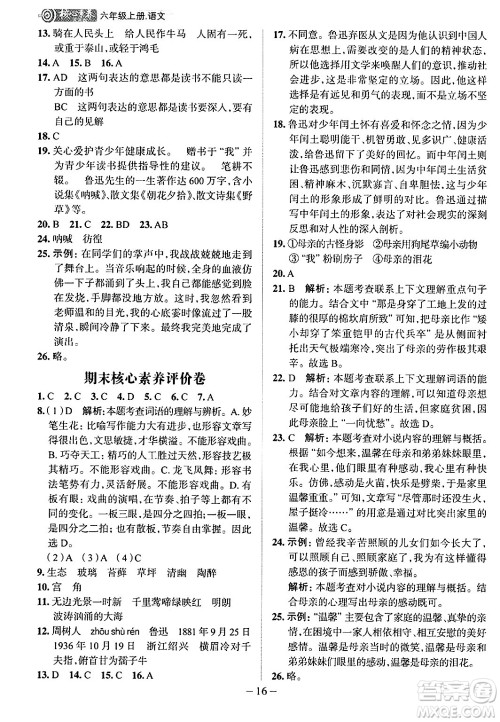 南方出版社2024秋学缘教育核心素养天天练六年级语文上册人教版福建专版答案