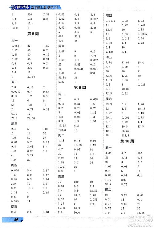 南方出版社2024秋学缘教育核心素养天天练五年级数学上册人教版福建专版答案