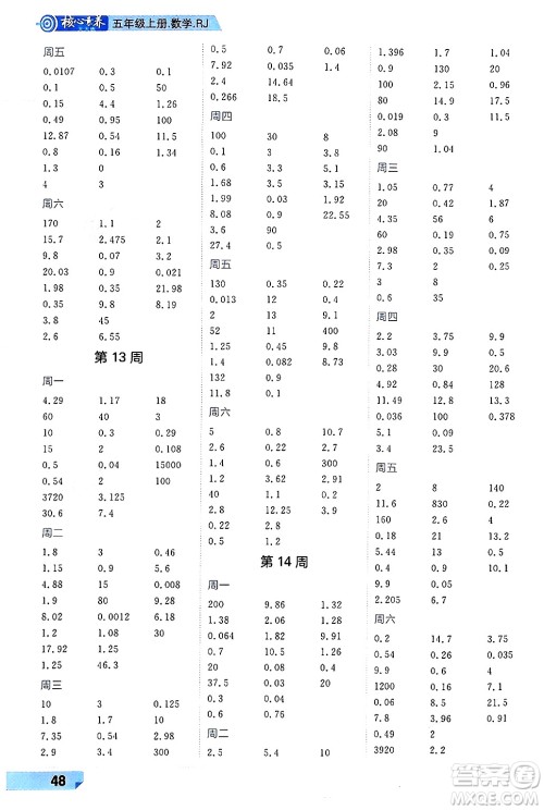 南方出版社2024秋学缘教育核心素养天天练五年级数学上册人教版福建专版答案