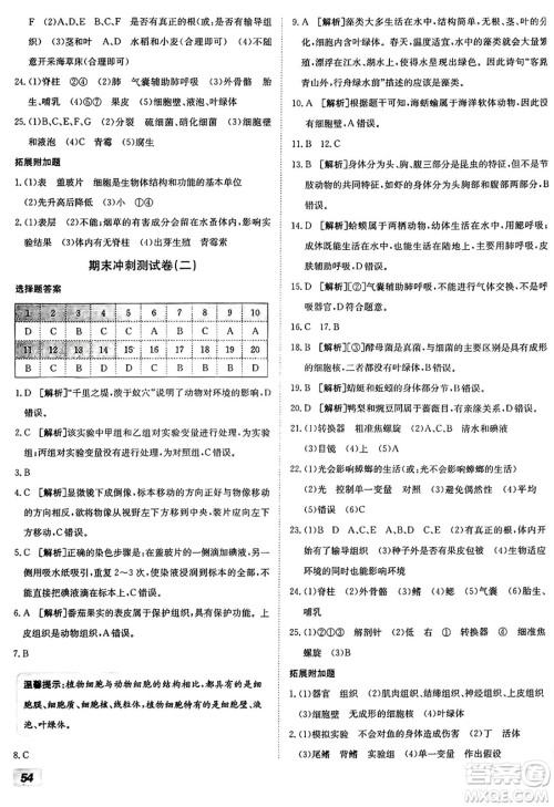 新疆青少年出版社2024年秋神龙教育期末考向标全程跟踪突破测试卷七年级生物上册济南版答案