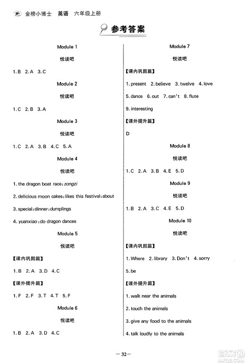 辽宁少年儿童出版社2024年秋世纪金榜金榜小博士课时提优作业六年级英语上册外研版三起点答案