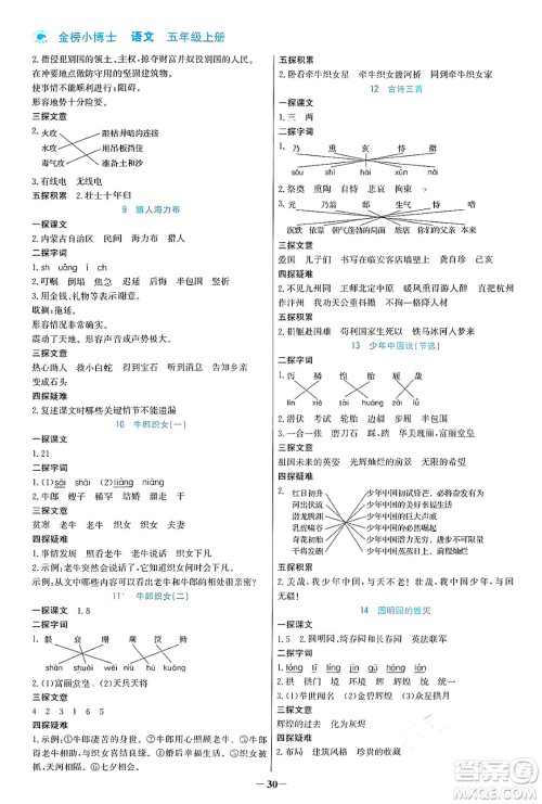 辽宁少年儿童出版社2024年秋世纪金榜金榜小博士课时提优作业五年级语文上册通用版答案