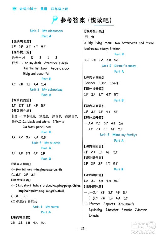 辽宁少年儿童出版社2024年秋世纪金榜金榜小博士课时提优作业四年级英语上册通用版三起点答案