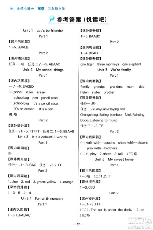 辽宁少年儿童出版社2024年秋世纪金榜金榜小博士课时提优作业三年级英语上册外研版三起点答案