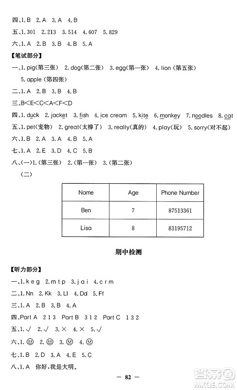 延边大学出版社2024年秋世纪金榜金榜小博士闽越课堂三年级英语上册闽教版三起点答案