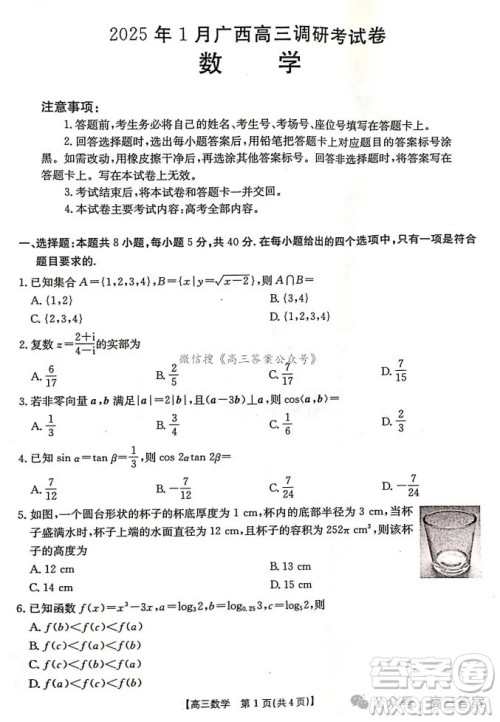 2025年1月广西高三调研南宁一模数学试卷答案