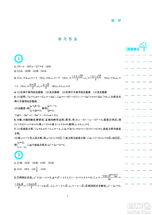 安徽教育出版社2025年寒假生活九年级数学人教版答案