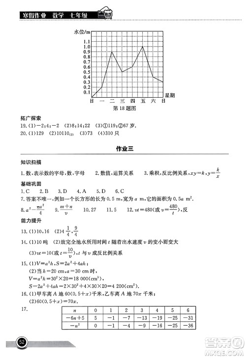 湖北教育出版社2025年长江作业本寒假作业七年级数学通用版答案