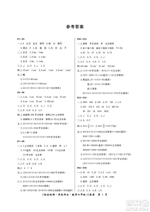 湖南大学出版社2025年北京央教湘岳假期寒假作业六年级数学苏教版答案