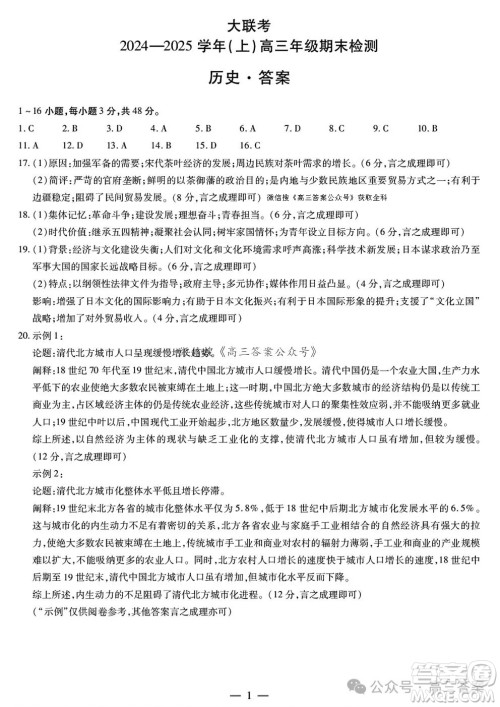天一大联考2024-2025学年高三年级期末检测历史试卷答案 天一大联考2024-2025学年高三年级期末检测历史试卷答案