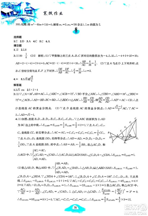 黄山书社2025年寒假作业九年级数学沪科版答案