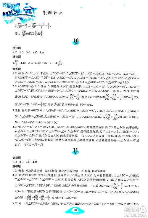 黄山书社2025年寒假作业九年级数学沪科版答案