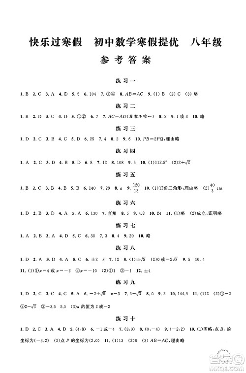 江苏凤凰科学技术出版社2025年快乐过寒假初中数学寒假提优八年级数学通用版答案 江苏凤凰科学技术出版社2025年快乐过寒假初中数学寒假提优八年级数学通用版答案