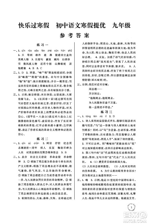 江苏凤凰科学技术出版社2025年快乐过寒假初中语文寒假提优九年级语文通用版答案