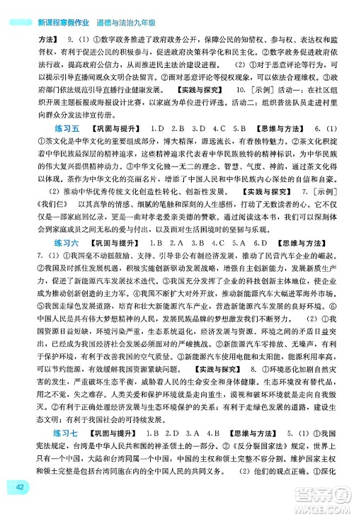 广西教育出版社2025年新课程寒假作业九年级道德与法治通用版答案