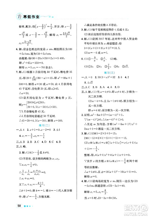 北京教育出版社2025年寒假作业九年级数学通用版答案