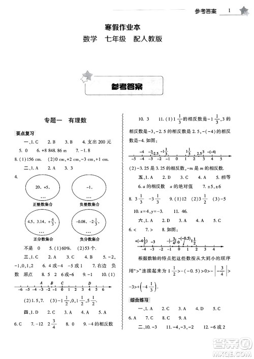 大象出版社2025年寒假作业本七年级数学人教版答案