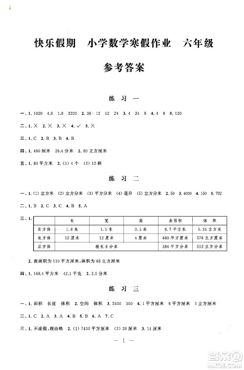 江苏凤凰科学技术出版社2025年快乐假期小学数学寒假作业六年级数学通用版答案